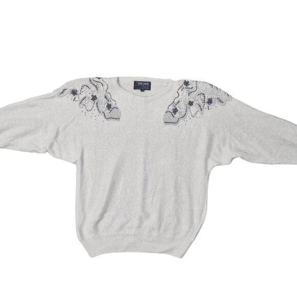 VTG 80s Newcomer Beaded Shoulder Off White Sweater Sz L